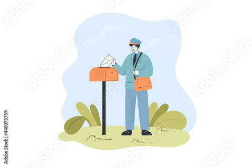 Postman delivering letter to mailbox. Male character in uniform putting envelope into letterbox flat vector illustration. Delivery, mail concept for banner, website design or landing web page