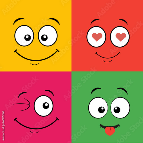 vector illustration comic emotion face laugh set cartoon funny character cute smile happy icon symbol eye head love emoji background humor feeling colorful happiness mouth web heart tongue  lol joy 