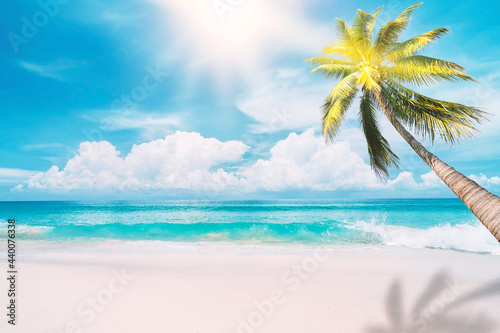 Fototapeta Naklejka Na Ścianę i Meble -  Palm tree on tropical beach with blue sky and white clouds abstract background. Copy space of summer vacation and business travel concept.