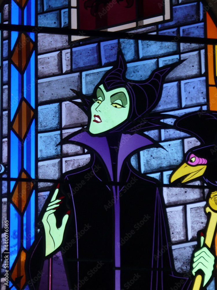 Stained glass window of Maleficent the witch from Disney's