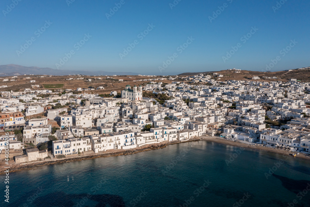 Paros island, Naousa cityscape aerial drone view. Greece,  Cyclades.