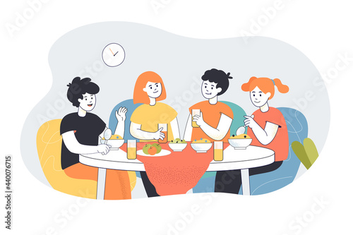 Children eating breakfast, lunch or dinner at table together. Friends sharing meal in dining room flat vector illustration. Restaurant, cafe, food concept for banner, website design or landing page