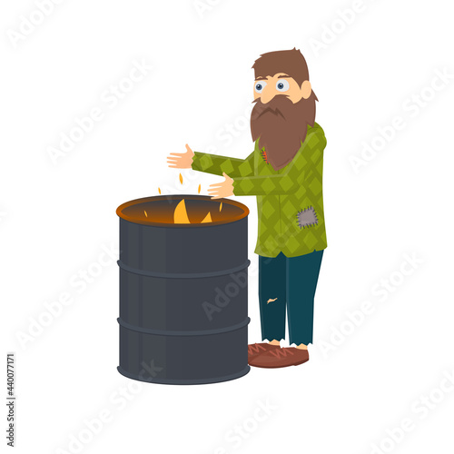 Beggar. A homeless man is warming himself from the fire, vector illustration