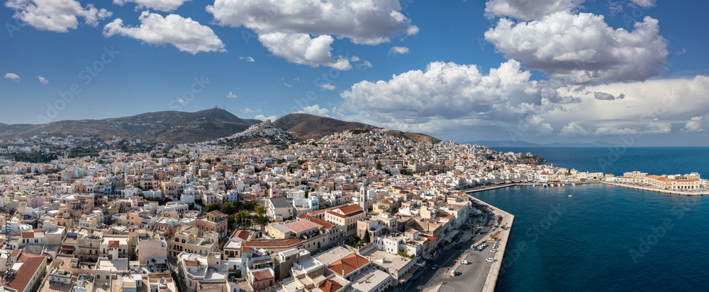 Syros island, Hermoupolis cityscape panorama aerial drone view. Greece,  Cyclades.