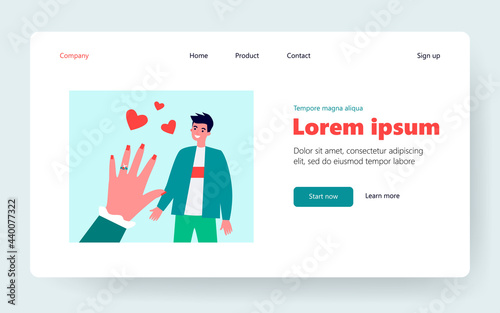 Engaged guy in love. Hand of fiancee with engagement ring. Flat vector illustration. Couple, wedding, marriage concept for banner, website design or landing web page