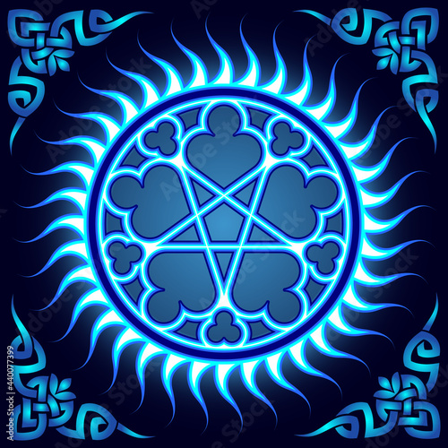 Pentagram pagan pattern, circular ornament, neon light.