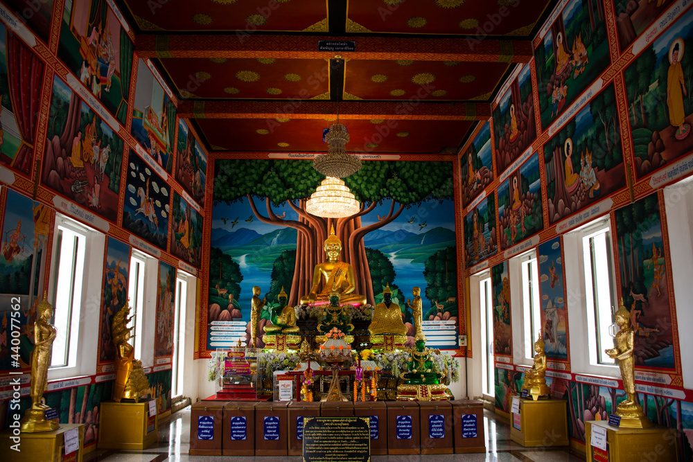 Buddha statue of Wat Khao Sung Chaem Fa temple on Khao Sam Sip Hap mountain for thai people and foreign travelers travel visit and respect praying at Tha Maka on May 23, 2021 in Kanchanaburi, Thailand