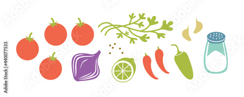 Fresh raw ingredients for salsa or pico de gallo. Horizontal vector illustration isolated on white.