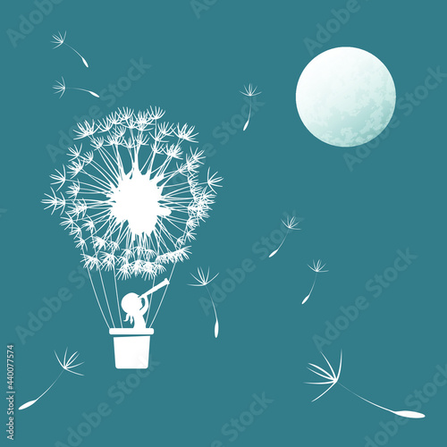 The little girl traveler with a telescope is flying on a hot air balloon created by a dandelion flower. The girl is looking at the moon. Surrealistic vector illustration.