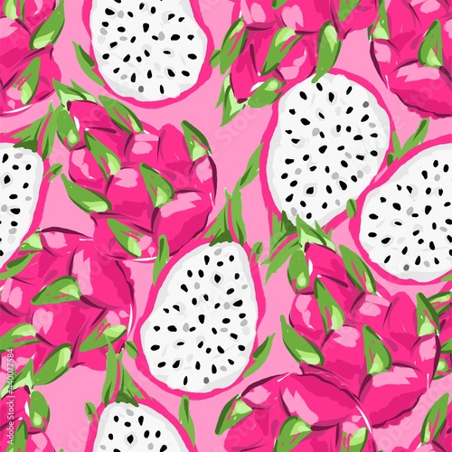 Hand Drawn Pitaya Fruit vector Illustration Seamless pattern, Dragon Fruit background, Summer Tropical Trend Design Prints for Fashionable Textiles