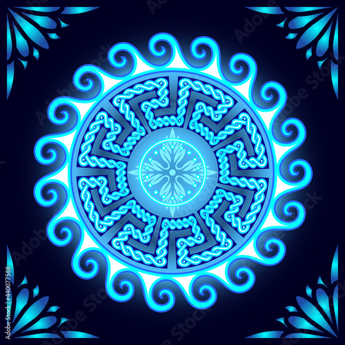 Roman ancient pagan pattern, circular ornament, neon light.