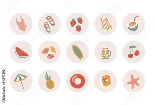 Summer circle stickers with fruits, drinks, swimsuit and beach umbrella. Perfect template for social media stories. Hand drawn vacation icons set.