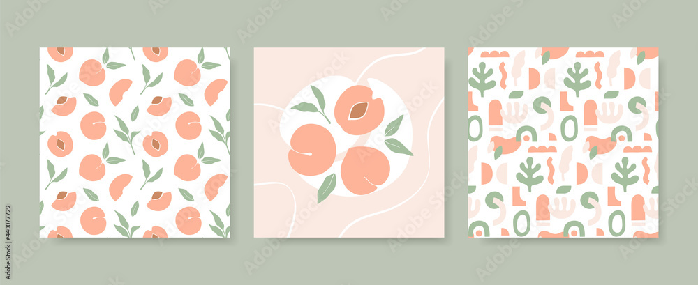 Simple peach seamless pattern. Hand drawn design templates. Vector collection of summer prints.