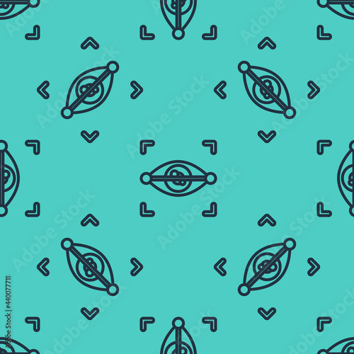 Black line Eye scan icon isolated seamless pattern on green background. Scanning eye. Security check symbol. Cyber eye sign. Vector