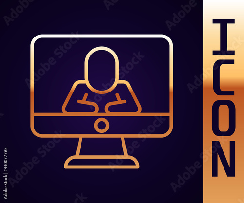 Gold line Online psychological counseling distance icon isolated on black background. Psychotherapy, psychological help, psychiatrist online consulting. Vector
