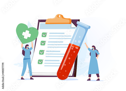 Doctor Scientist in Medical Laboratory Analyzing Blood Samples. Blood Test and Laboratory Research Concept. Flat Vector