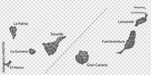 lank map Canary Islands in gray. Every Island map is with titles. High quality map of  Canary Islands with districts on transparent background for your  design.  Africa. Spain. EPS10.