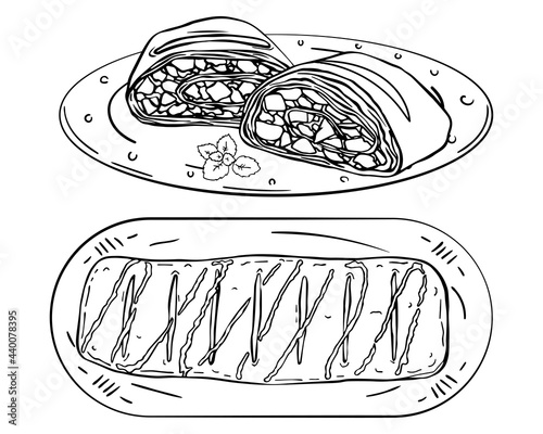 Set slices and Viennese apple strudel isolated on plate.