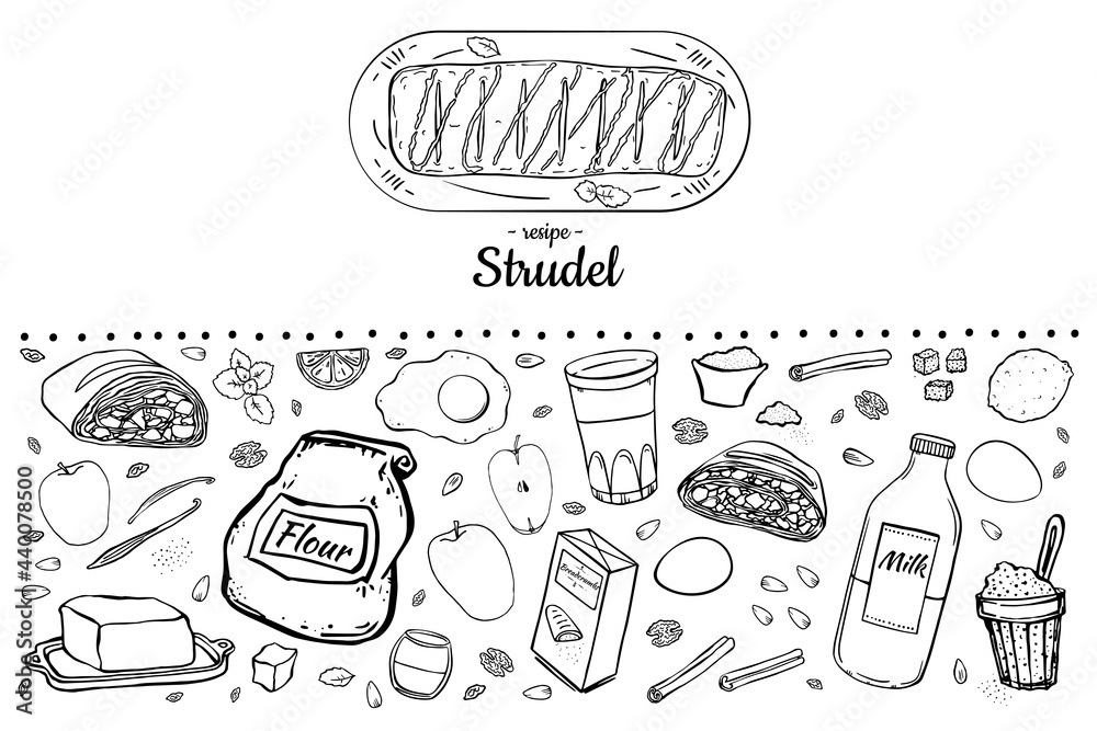 Plakat Illustration set of items for making Viennese traditional strudel.
