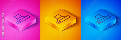 Isometric line Kitchen extractor fan icon isolated on pink and orange, blue background. Cooker hood. Kitchen exhaust. Household appliance. Square button. Vector