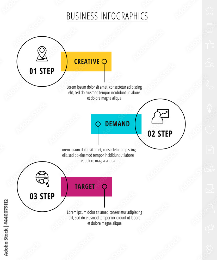 Thin line vector infographics with three circles and labels. Timeline template with 3 steps for the app, business, website, interface, chart, levels, web, diagram, banner, presentations