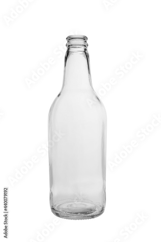 Open empty clear glass bottle for beer and mineral water. Isolated on a white background