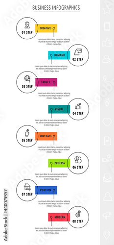 Thin line vector infographics with eight circles and labels. Timeline template with 8 steps for the app, business, website, interface, chart, levels, web, diagram, banner, presentations