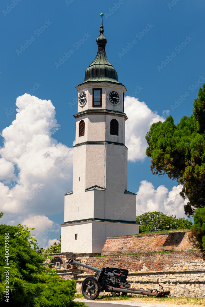 Historic Clock tower (Sahat kula) of the Belgrade Fortress Kalemegdan, with displayed old artillery gun