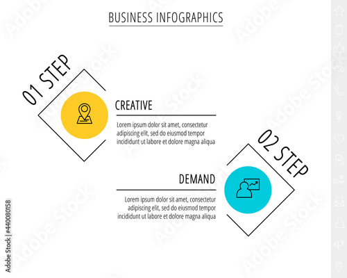 Thin line vector infographics with two circles and labels. Timeline template with 2 steps for the app, business, website, interface, chart, levels, web, diagram, banner, presentations