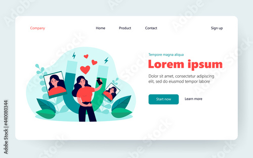 Successful female blogger taking selfie on cellphone. Magnet attracting likes. Flat vector illustration. Social media, blogging concept for banner, website design or landing web page