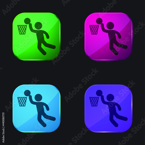 Basketball Player Scoring four color glass button icon