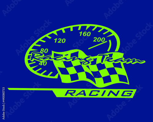 racing team logo design with speedometer icon and track flag. green color race logo isolated dark blue background. racing team logo template, for racing competitions, drifting, motocross and more.