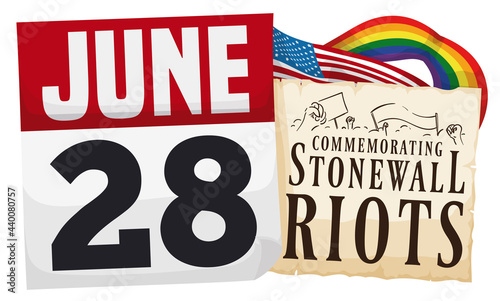 Scroll with Calendar, Flags and Reminder for Stonewall Riots Commemoration, Vector Illustration