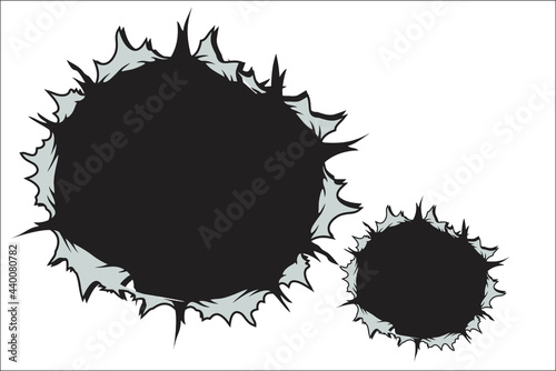 Abstract cracked and perforated wall vector design. Broken wall abstract background. Vector illustration. Hollow walls under old plaster. Brick wall hole cut.