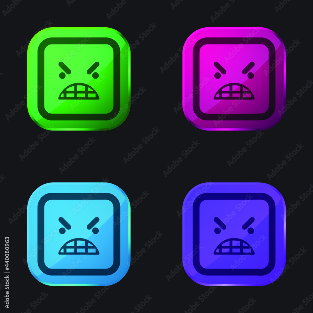 Anger Emoticon Square Face four color glass button icon