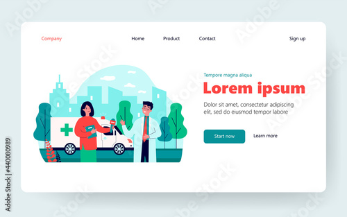 Journalist interviewing doctor. Reporter with microphone, ambulance, reportage. Flat vector illustration. Health, broadcasting, medicine, news concept for banner, website design or landing web page