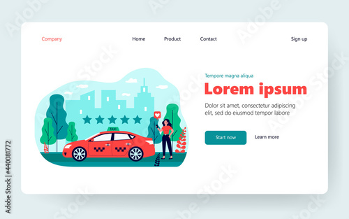 Happy woman assessing taxi service in app. Car, star, rating flat vector illustration. Transportation and urban lifestyle concept for banner, website design or landing web page
