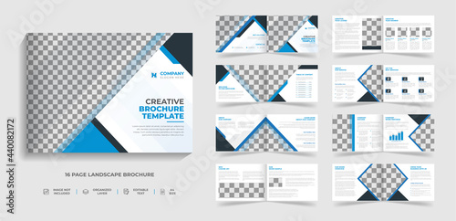 Corporate modern bi fold landscape brochure template and company profile with blue and black creative shapes annual report design 