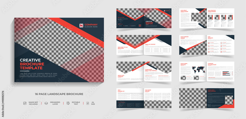 16 page Bifold corporate modern landscape brochure template & annual report design with red and black creative shape Multipurpose template