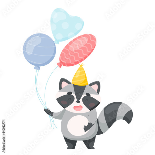 Cute cartoon racoon character with air balloons. Birthday card. vector illustration