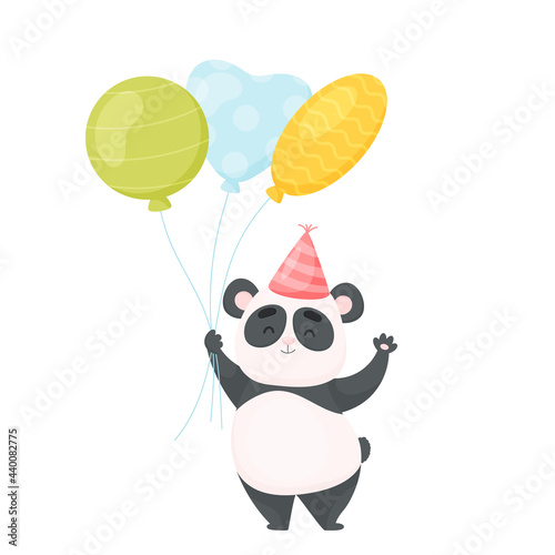 Cute cartoon panda character with air balloons. Birthday card. vector illustration