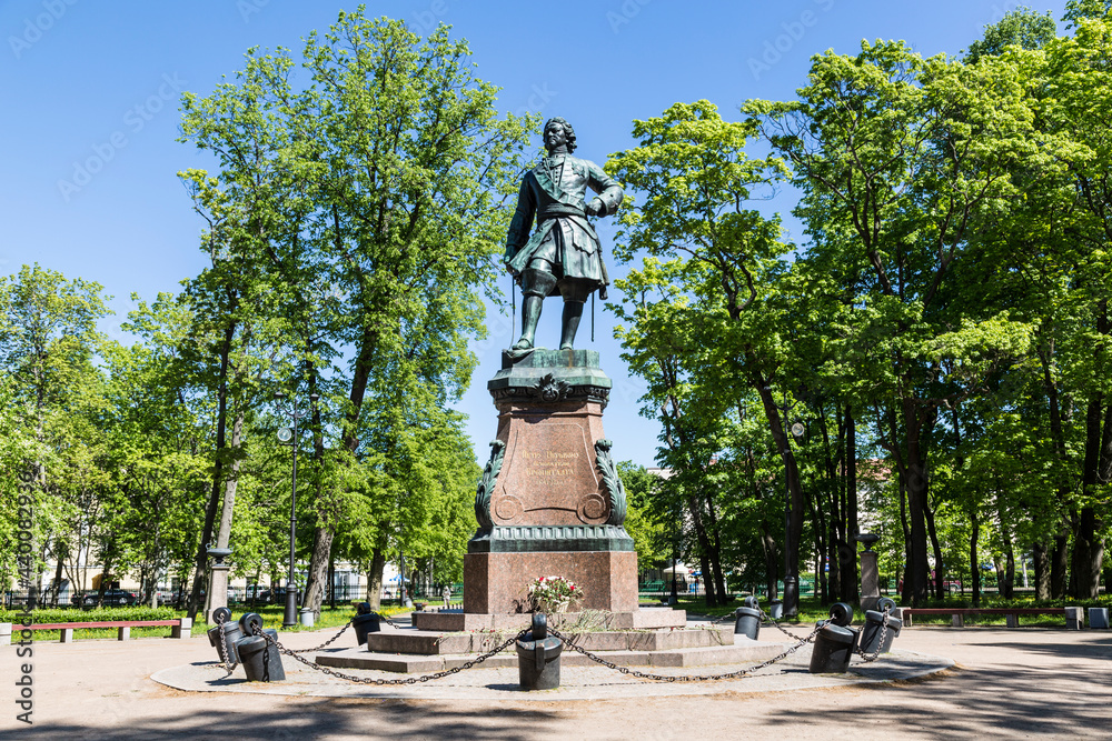 Monument to the Russian Emperor Peter I (1841) in Petrovsky Park in Kronstadt. Saint Petersburg, Russia