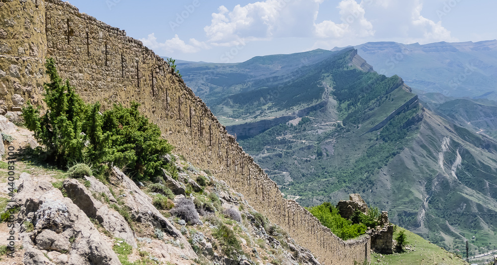 Gunibsky fortress. Protective wall and gates of Gunib. Russia, Republic of Dagestan.