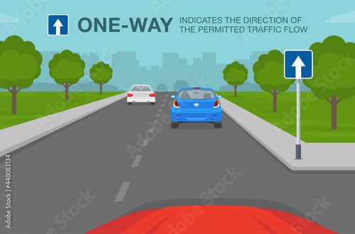 Driving a car. One-way road or traffic sign indicates the direction of the permitted traffic flow. Flat vector illustration template.