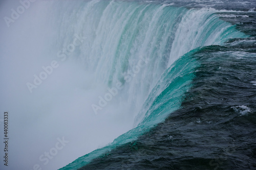 the fast flowing and very colorful and vivid edge of Horseshoe waterfall on the Canadian side of Niagara Falls