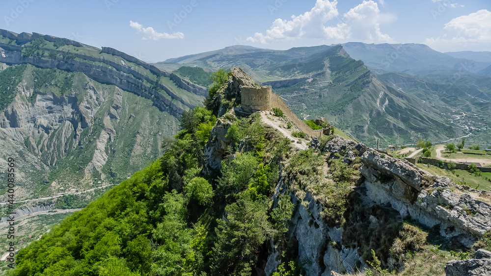 Gunibsky fortress. Protective wall and gates of Gunib. Russia, Republic of Dagestan.
