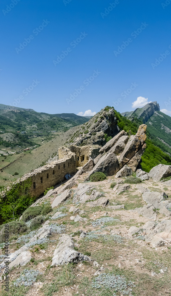 Gunibsky fortress. Protective wall and gates of Gunib. Russia, Republic of Dagestan.