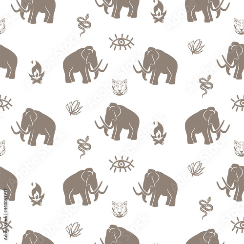 Mammoth seamless pattern with tiger and snake stone age theme background