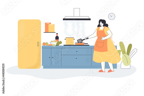 Woman cooking meals in kitchen. Female character preparing food using stove, kitchen interior flat vector illustration. Cooking, lifestyle concept for banner, website design or landing web page