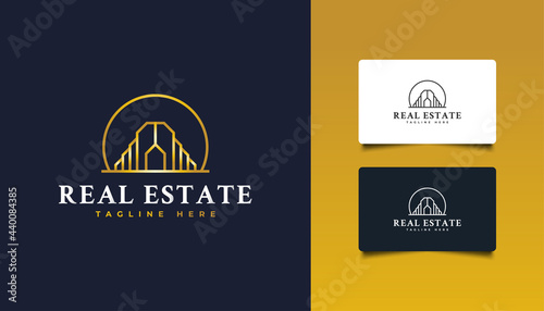 Luxury Gold Real Estate Logo Design with Line Style. Construction, Architecture, Building, or House Logo